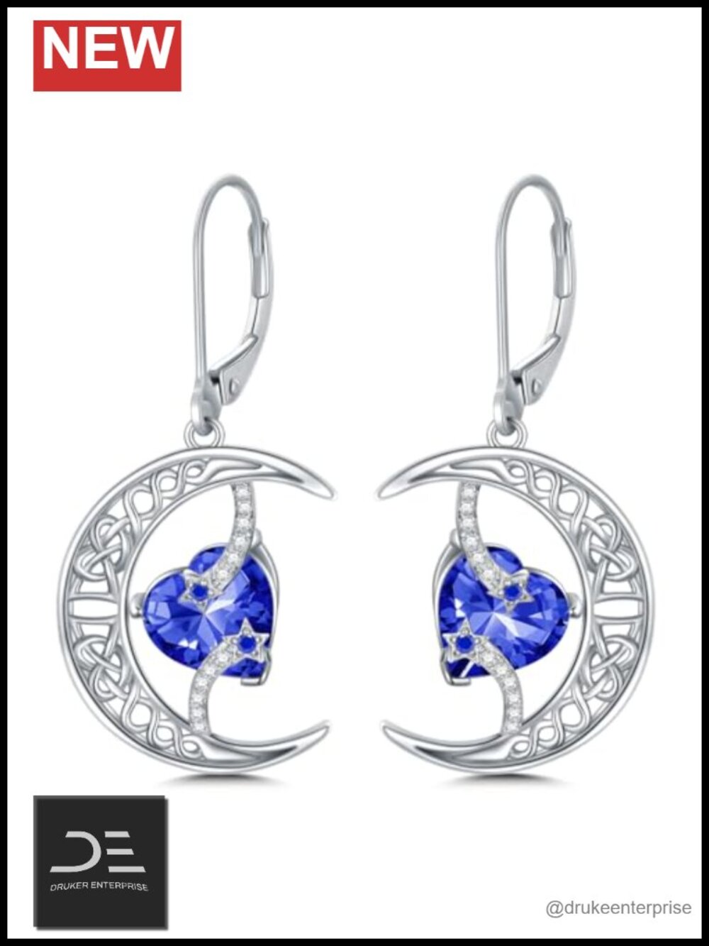 Moon Celtic Drop Earrings 925 Sterling Silver Sapphire Leverback Women Gift